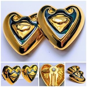 Fabulous 1990's Deep Green Enamel and Gold Toned Escada Clip-On Heart Earrings